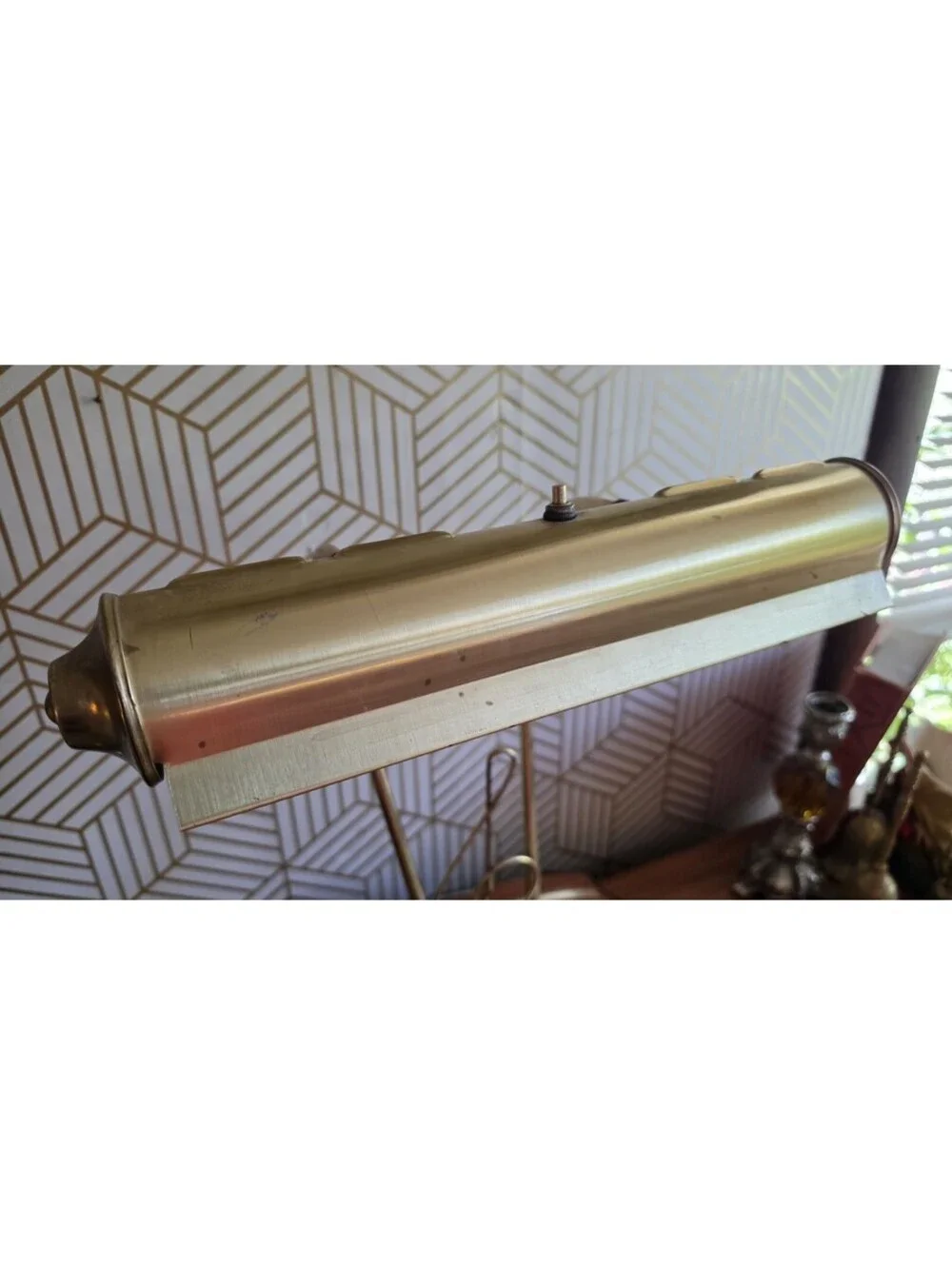 Vintage Large Brass Piano Lamp w Musical Note, Midcentury Wood Base, Wide Head